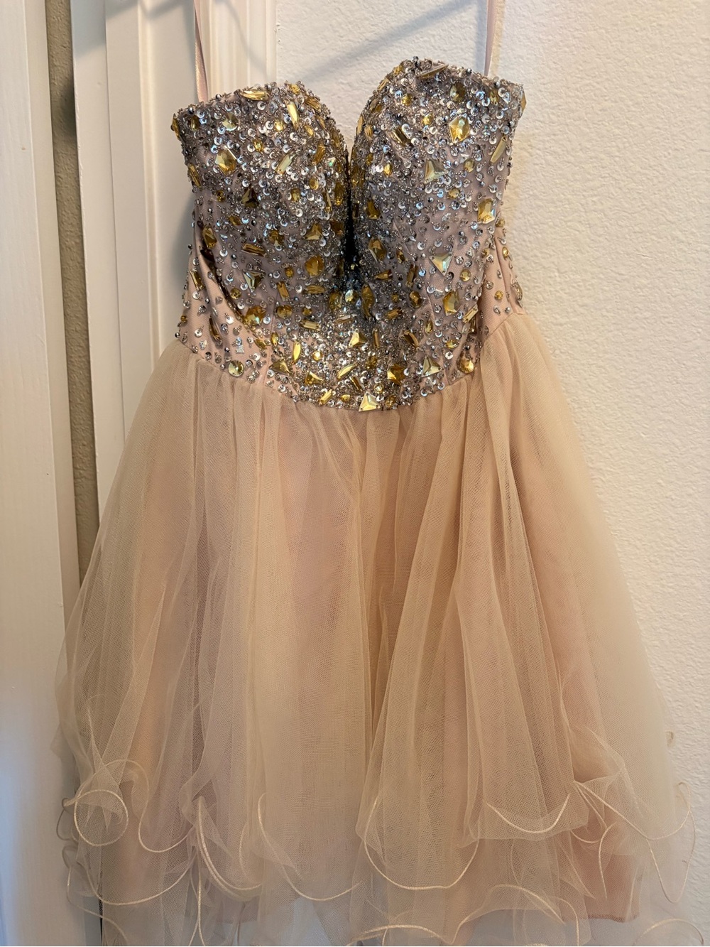 Sherri Hill Blush Tulle Prom Dress with Gold and Crystal Embellishments